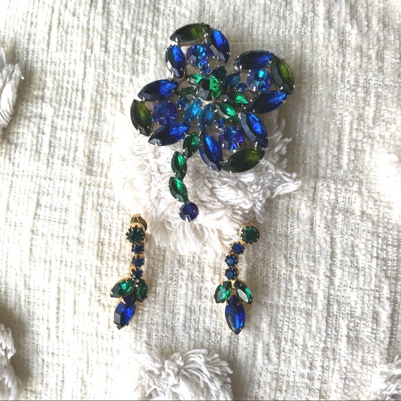 Jewelry - Set of Blue & Green Gemstone Earrings & Brooch